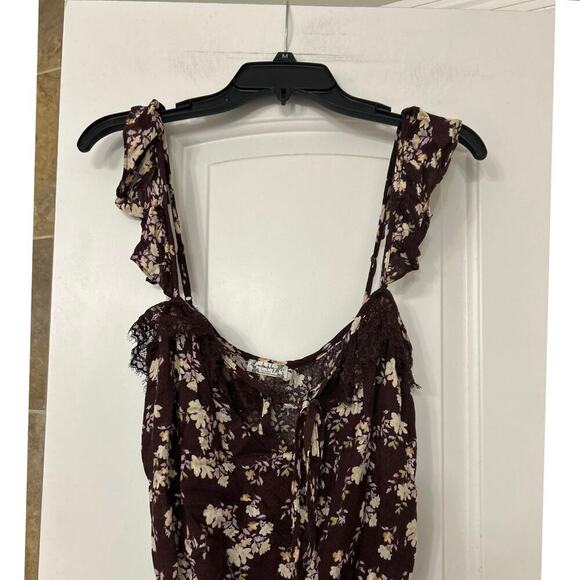 Intimately Free People Chocolate Brown Floral Ruffle Strap Tank Bodysuit Size XS - Picture 7 of 15